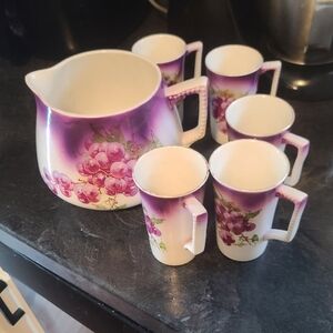 Vtg Antique Dresden China Lemonade Pitcher & 5 Cups Early 1900s Grapes Fruit